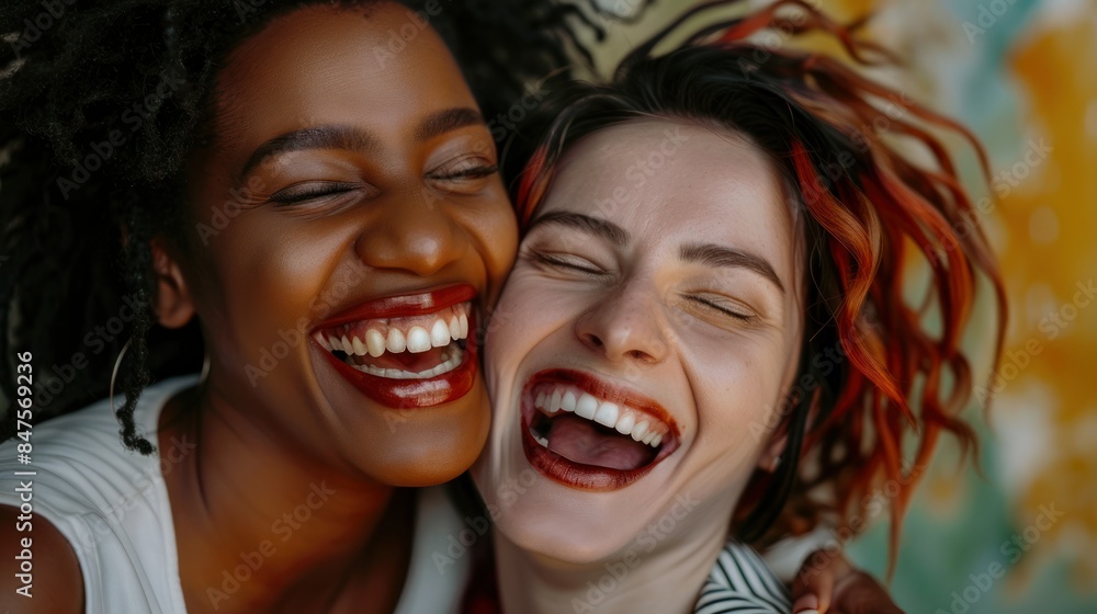 Business women from different nationalities laugh and smile together. Business women from different nationalities laugh and smile together.