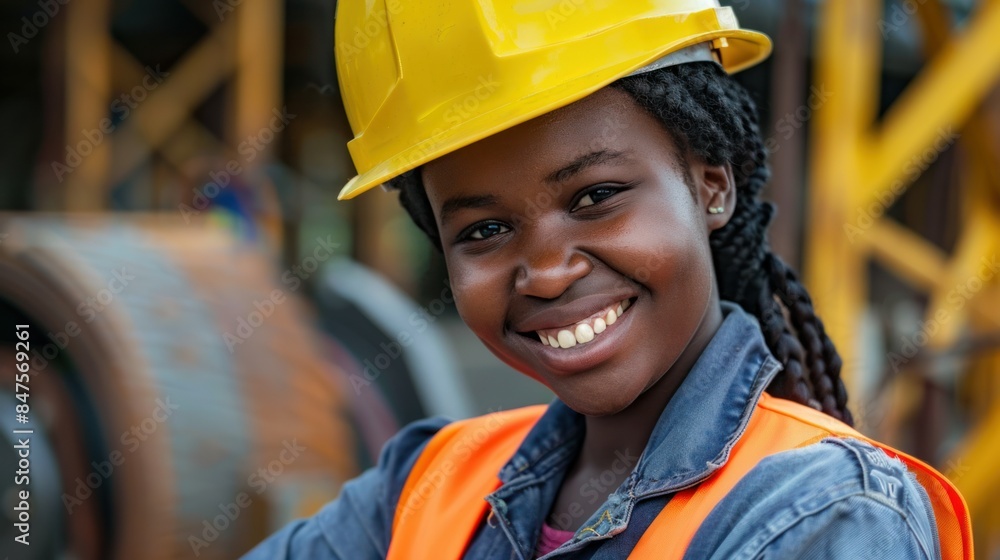 Happy mixed race black female electrician. Young girl working on engineering internship apprenticeship