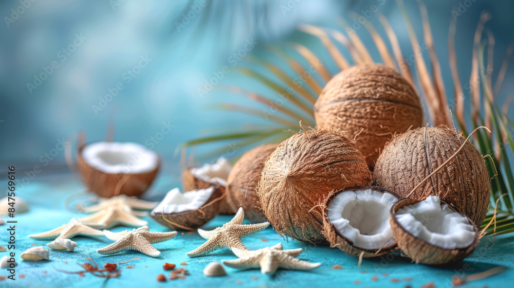 Tropical summer background with palm leaves, coconuts and seashells. Tropical summer background with palm leaves, coconuts and seashells.