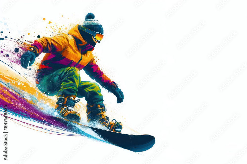 Fototapeta premium Young man Snowboarding down the mountain abstract style colorful Isolated on white background