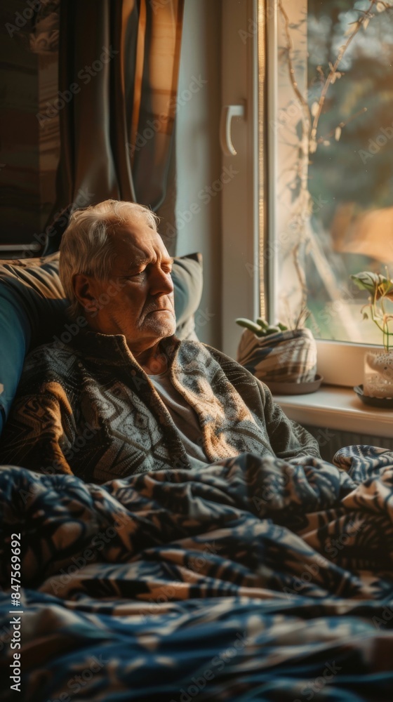 Fototapeta premium Caucasian old man waking up in the morning