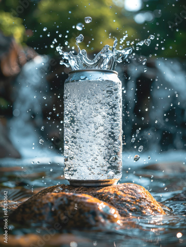 Metal transparent jar with a splash of water in motion close-up.