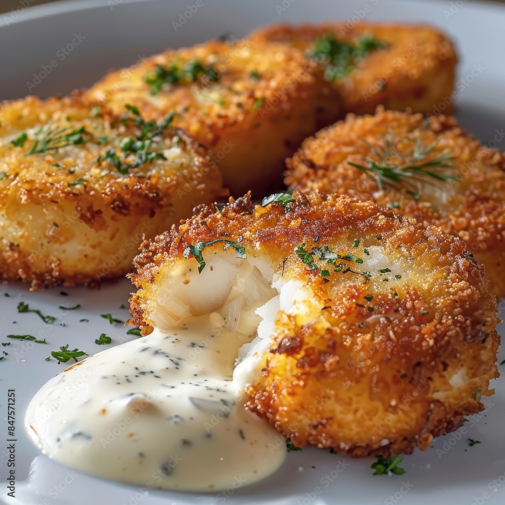 Fototapeta premium Halibut Cutlets or Fish Cakes with Cream Cheese Isolated
