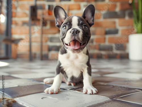 Portrait of a French Bulldog standing on floor with home background, Adorable domestic pet concept.