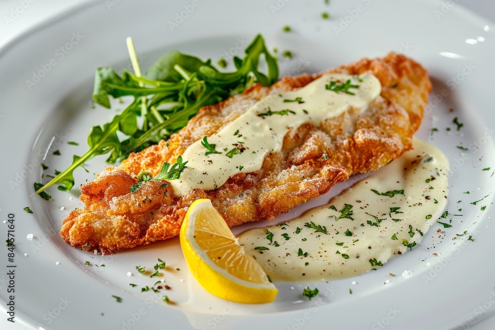White Fish Fillet, Breaded Pike Perch, Zander Fillet with Cream Sauce Closeup, Restaurant Main Course White Fish Fillet, Breaded Pike Perch, Zander Fillet with Cream Sauce Closeup, Restaurant Main Course