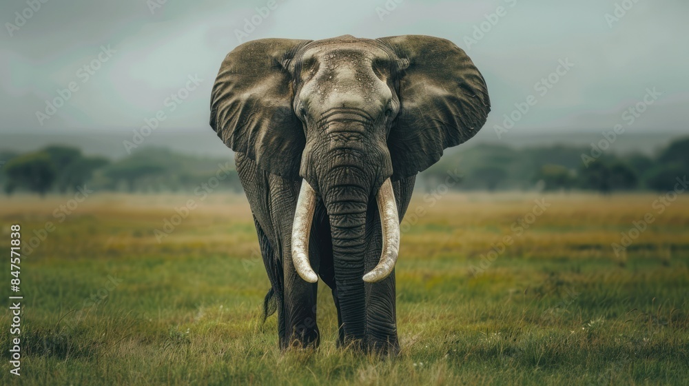 Fototapeta premium Adult African elephant with long tusks alone on a green field. Habitat of wild animals in natural forests