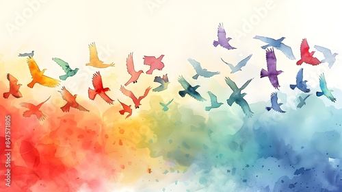 Mesmerizing Watercolor Painting of Colorful Birds Soaring High During