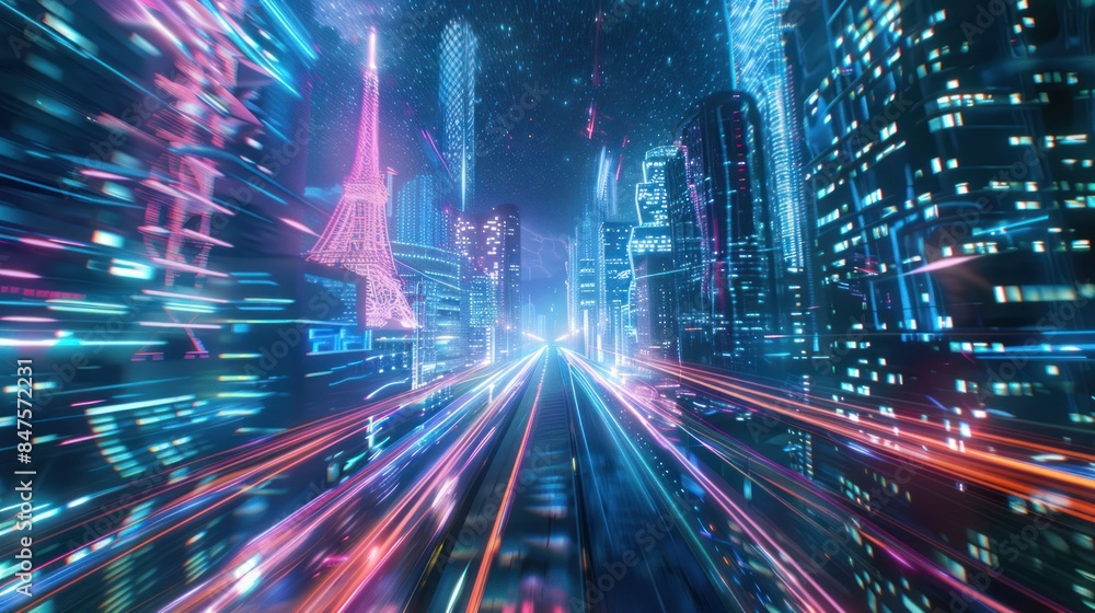 Modern smart mega city and skyscrapers cities with neon futuristic technology background, future virtual reality, motion effect