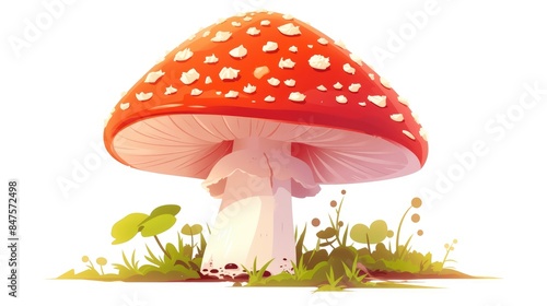 An isolated red spotted poisonous mushroom known as the fly agaric Amanita muscaria stands out against a white background in this vibrant cartoon style 2d illustration photo