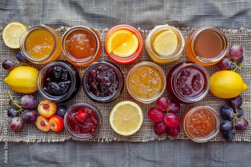 Various Homemade Jam Set, Pozzy Big Collection with Tea and Sliced Lemon on Rustic Tablecloth photo