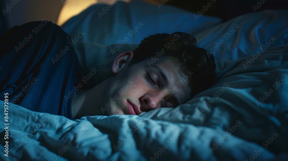 Caucasian young man struggling to sleep at night Caucasian young man struggling to sleep at night