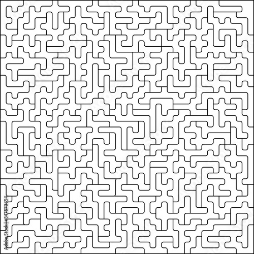 Creative square puzzle template with thin vector lines suitable for cutting. Intricate seamless maze game pattern in black and white. Ideal for creating educational materials, and game designs