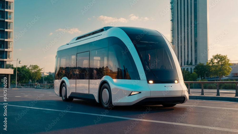 Unmanned Shuttle Bus. Automated self-driving vehicle system in city ...