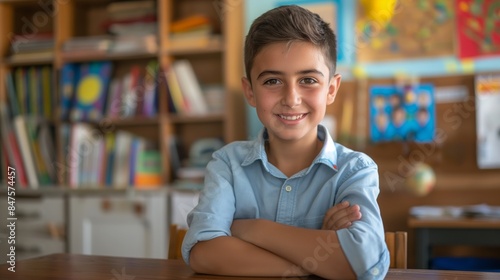 Smiling Southern European Schoolboy in Classroom for Education and Learning Themes