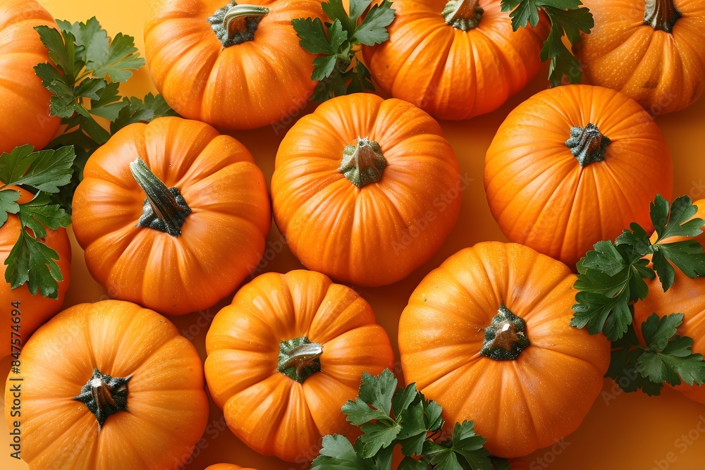 Autumn Harvest Pumpkins with Fresh Green Leaves for Thanksgiving Decor and Seasonal Design Autumn Harvest Pumpkins with Fresh Green Leaves for Thanksgiving Decor and Seasonal Design