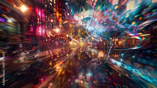 Abstract vibrant city lights nightlife skyline with colorful motion blur, creating a dynamic and energetic urban ambiance and atmosphere. © Parintron