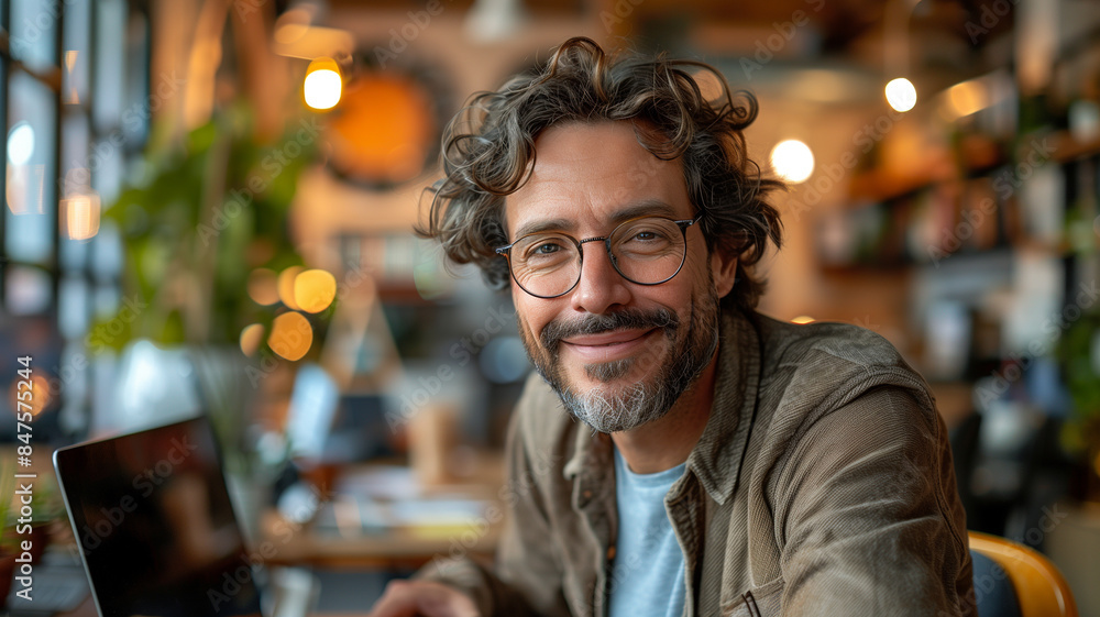 A person with curly hair is focused on their laptop in a cafe. Surrounded by plants and warm lighting, they embody the modern remote work lifestyle. A person with curly hair is focused on their laptop in a cafe. Surrounded by plants and warm lighting, they embody the modern remote work lifestyle.
