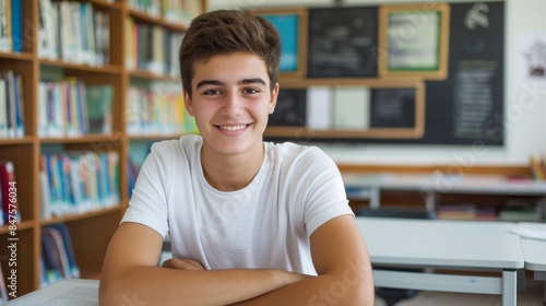 Young Italian Student Smiling in a Classroom, Ideal for Education, Youth, and School Themed Content