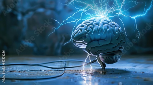 A brain is shown with a lightning bolt in the middle of it photo