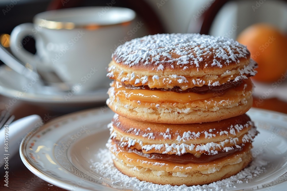 Argentina: Alfajores Two soft cookies sandwiching a layer of dulce de leche, edges rolled in shredded coconut, and a dusting of powdered sugar on top. Argentina: Alfajores Two soft cookies sandwiching a layer of dulce de leche, edges rolled in shredded coconut, and a dusting of powdered sugar on top.