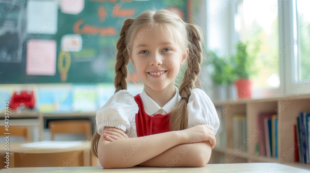 Cheerful Eastern European Schoolgirl in Classroom, Education Concept, Young Student Learning Cheerful Eastern European Schoolgirl in Classroom, Education Concept, Young Student Learning