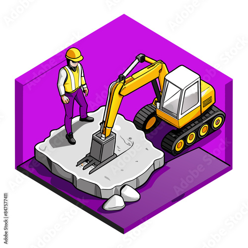 Illustration of Backhoe Digging at Construction Site: Engineer and Worker Collaborating - Work Together Concept, Cartoon Vector AI Generative