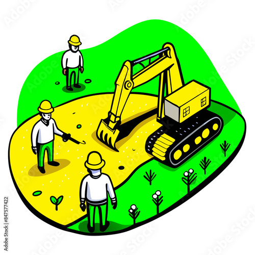 Illustration of Backhoe Digging at Construction Site: Engineer and Worker Collaborating - Work Together Concept, Cartoon Vector AI Generative