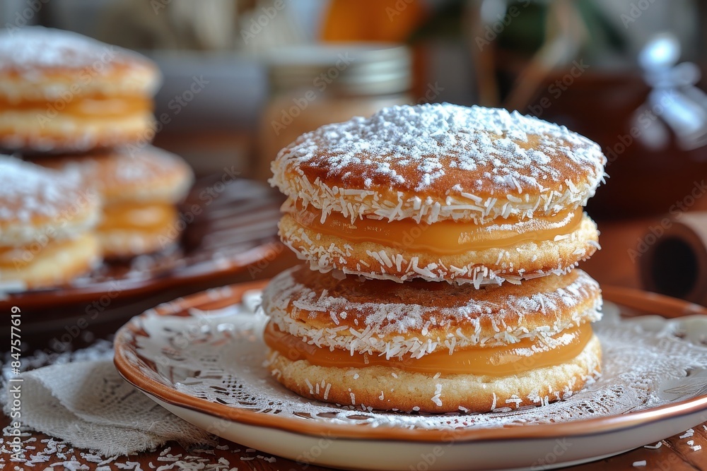 Argentina: Alfajores Two soft cookies sandwiching a layer of dulce de leche, edges rolled in shredded coconut, and a dusting of powdered sugar on top. Argentina: Alfajores Two soft cookies sandwiching a layer of dulce de leche, edges rolled in shredded coconut, and a dusting of powdered sugar on top.
