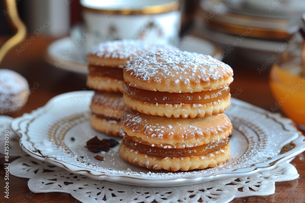Argentina: Alfajores Two soft cookies sandwiching a layer of dulce de leche, edges rolled in shredded coconut, and a dusting of powdered sugar on top. Argentina: Alfajores Two soft cookies sandwiching a layer of dulce de leche, edges rolled in shredded coconut, and a dusting of powdered sugar on top.