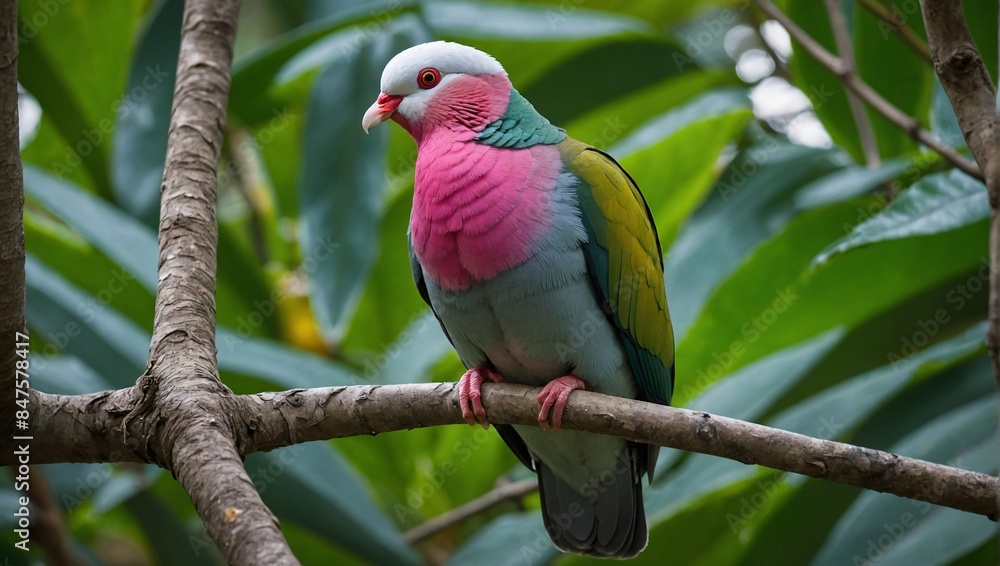 Obraz premium A pink-headed fruit dove landed on a leafy tree branch
