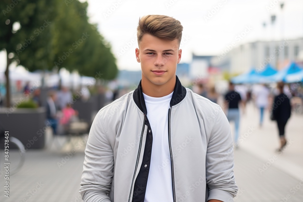 Fototapeta premium A young man wearing a grey jacket