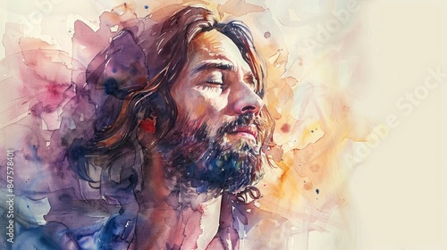 Serene Watercolor Painting of Jesus Christ with Gentle Expression and Ethereal Light   A Spiritual and Devotional Depicting the Divine Savior in an Ethereal Contemplative Moment