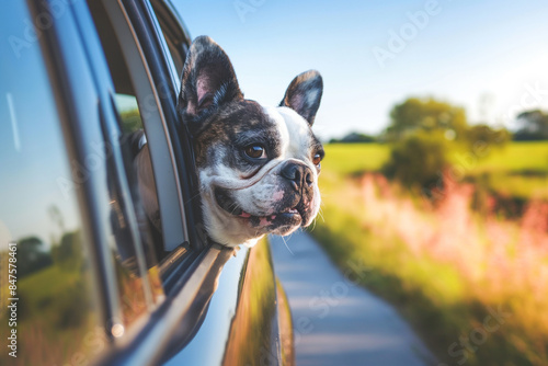 A joyful Boston Terrier enjoys a ride, head out the car window at sunset