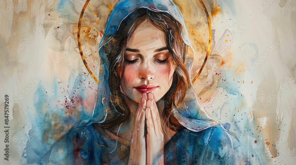 Serene and ethereal watercolor portrait of the Blessed Virgin Mary with ...