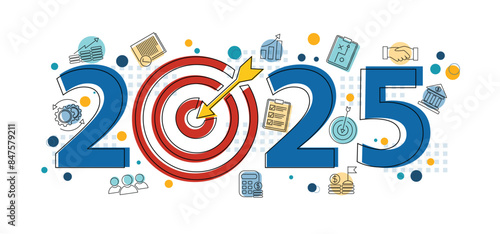 2025 new year goal plan action with target icons, Business plan, financial plan and strategies. Annual plan and development for achieving goal, achievement and success in 2024. Vector illustrator set.