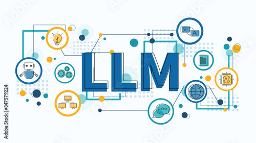 The concept of LLM, AI Large Language Model with icons concept. AI deep learning to use for work support. language model  general purpose language generation capability. Vector illustrator template.