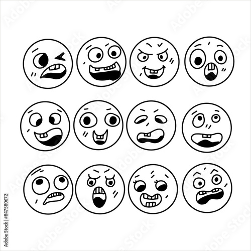 Ugly faces with bad emotions set. Hand drawn doodle style. Vector illustration isolated on white. Coloring page.