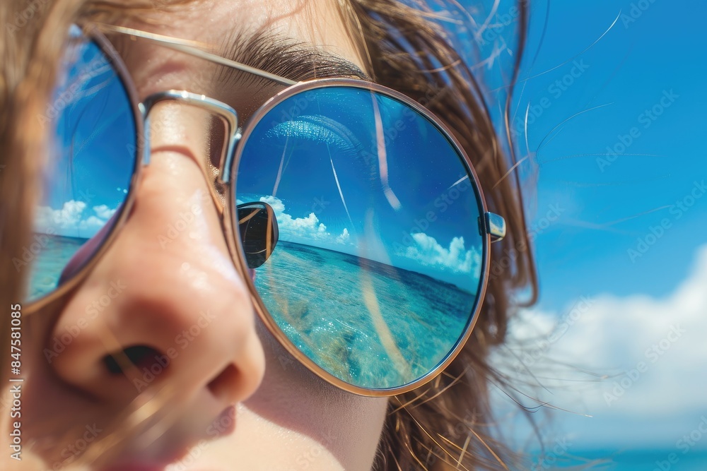 Young woman in mirrored sunglasses reflecting transparent ocean, blue sky, palm trees of tropical island. Concept of summer vacation, tourism, travel. Young woman in mirrored sunglasses reflecting transparent ocean, blue sky, palm trees of tropical island. Concept of summer vacation, tourism, travel.