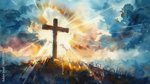 Celestial Cross Dramatic Watercolor Depicting the Cross with Radiant Light Beams Emanating from the Sacred Christian Symbol Conveying a Sense of Spirituality Faith and Transcendence