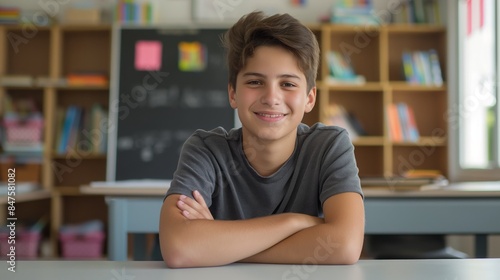 Smiling Southern European Teenage Boy Sitting in a Classroom with Bookshelves and a Chalkboard in the Background