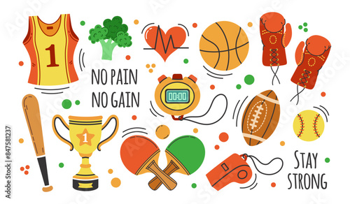 Sport vector icon set. Gym equipment for training, fitness, exercise. Rugby and basketball balls, ping pong paddles, stopwatch, baseball bat, boxing gloves. Running jersey, victory cup. Hand drawn art