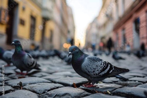 A flock of pigeons on a cobbled street in the old town on a summer's day from a low angle. © photolas