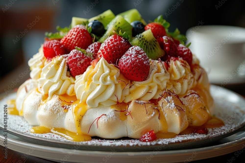 New Zealand: Pavlova A meringue-based dessert topped with whipped cream and fresh fruits like kiwi, strawberries, and passionfruit. New Zealand: Pavlova A meringue-based dessert topped with whipped cream and fresh fruits like kiwi, strawberries, and passionfruit.
