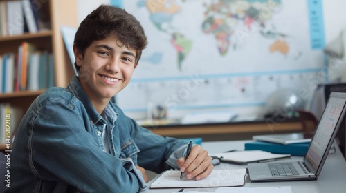 Smiling Eastern European High School Boy Studying, Educational Enthusiasm, Geographical Explorations