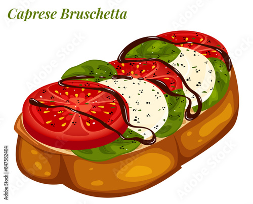 Caprese Bruschetta: Tomatoes, Mozzarella, Basil & Balsamic Vinegar on Bread - Italian Appetizer Vector Illustration