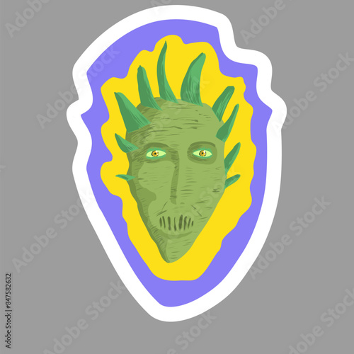 Halloween sticker creepy root head with appendages on the head. Vector illustration scary face plant with humanoid face sticker for holiday halloween