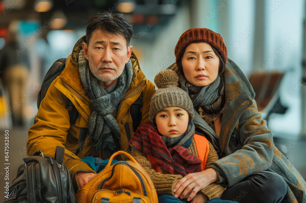 A Asian family of three, a man, a woman and a child, are sitting together in a waiting area A Asian family of three, a man, a woman and a child, are sitting together in a waiting area