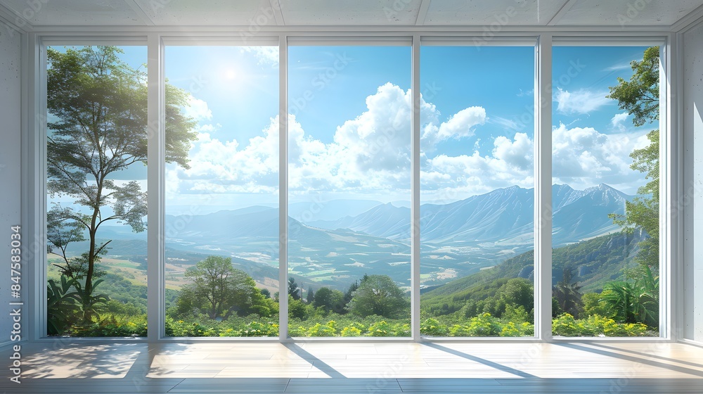 Fototapeta premium 3 white windows with a clear sky and green landscape outside, a panoramic window with floor-to-ceiling glass, a blue sky with white clouds, bright sunshine, distant mountains, a natural scenery.