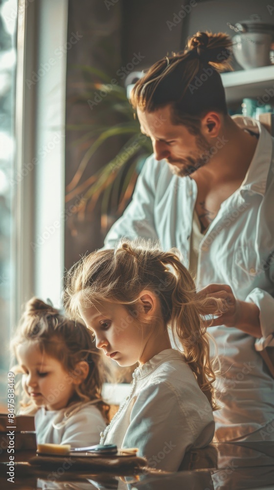 Father braiding his daughters' hair Father braiding his daughters' hair