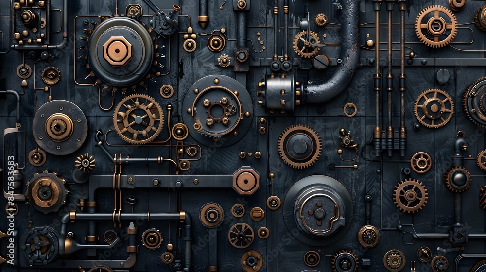 A black background with various mechanical parts such as gears, cogs and pipes. This creates an industrial-themed wallpaper that adds depth to any space. A black background with various mechanical parts such as gears, cogs and pipes. This creates an industrial-themed wallpaper that adds depth to any space.